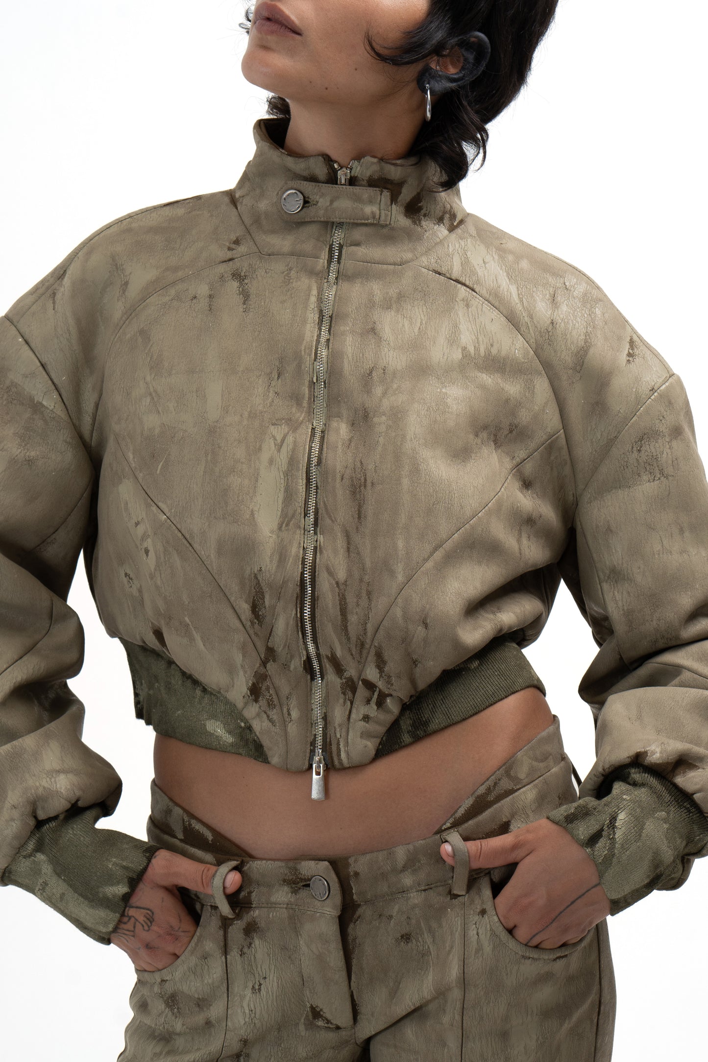 CRACKED effect padded short bomber jacket