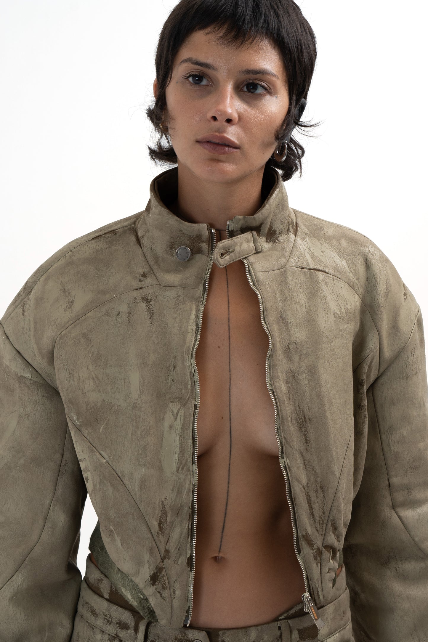 CRACKED effect padded short bomber jacket